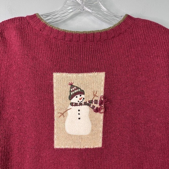 Croft & Barrow Wool Angora Snowman Christmas Tree Burgundy Full Zip Sweater Sz L - Picture 13 of 16